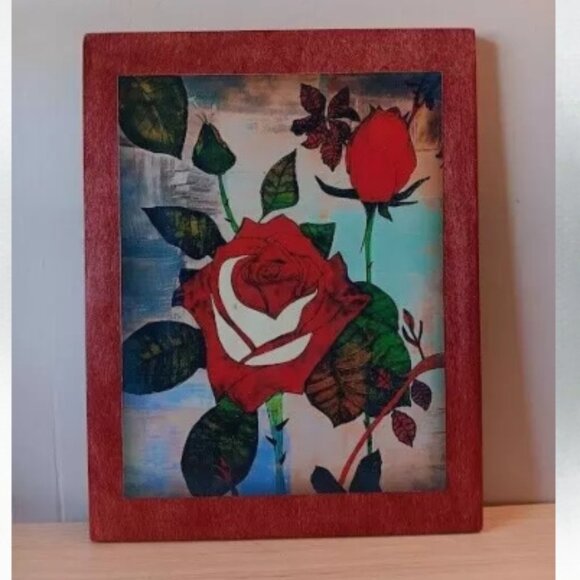 Original rose art on 10 x 13 x 1/4" wood stained barn red - Picture 1 of 2